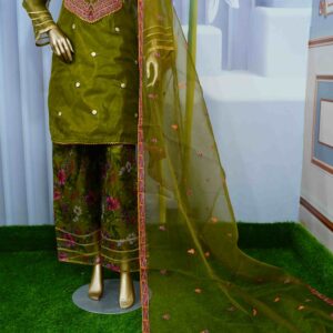 Mehndi Color Dress for Women | 3 Pcs Organza